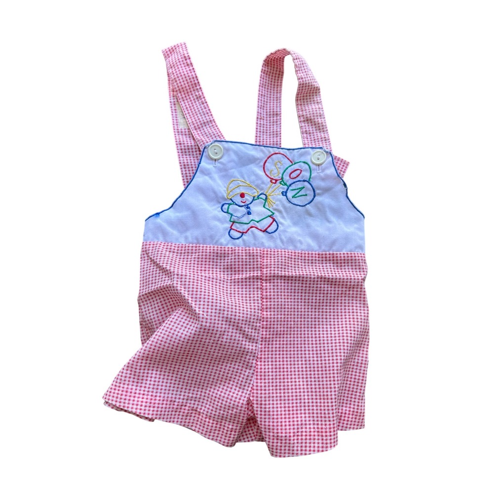 Vintage Mayfair Red Gingham Clown Embroidered Son Romper Overalls RN 50255